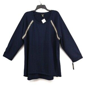 La Vanya Blouse Womens Size 3X Dark Blue 3/4 Sleeve Beaded Scoop Neck Top